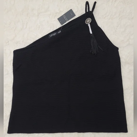 Lauren Ralph Lauren Women Black Cable Stitch 1 Shoulder Sweater Top Size 3X NWT - Picture 1 of 3